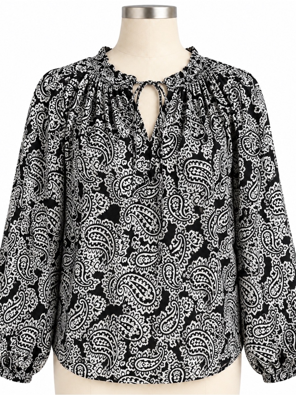 H&M Black and White Paisley Tie-Neck Blouse